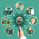 Disabled person composition with isolated icon set combined around disabled person who is sitting in a wheelchair vector illustration